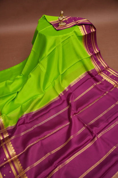 Pure Crepe Mysore Silk Saree - Bright Parrot Green & Wine Border