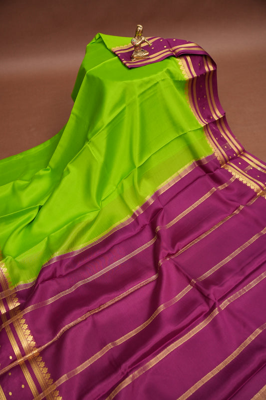 Pure Crepe Mysore Silk Saree - Bright Parrot Green & Wine Border