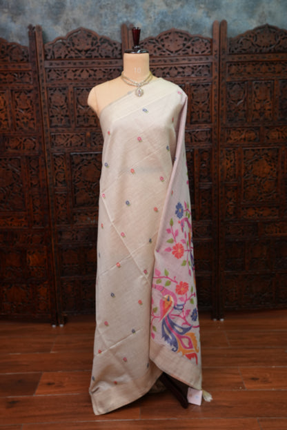 Pure Khaddi Cotton Saree with Peacock & Floral Design – Ivory & Pink
