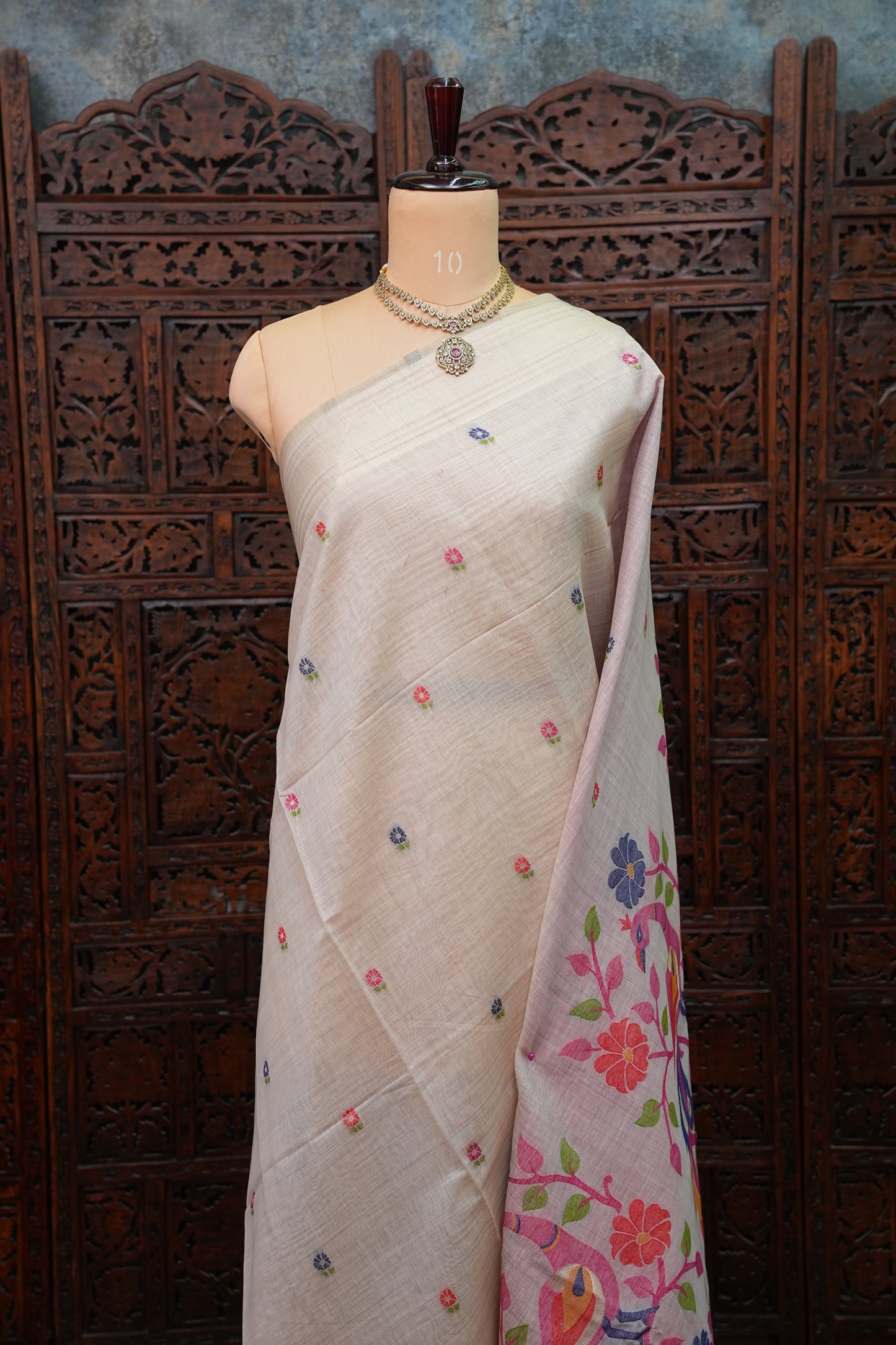Pure Khaddi Cotton Saree with Peacock & Floral Design – Ivory & Pink