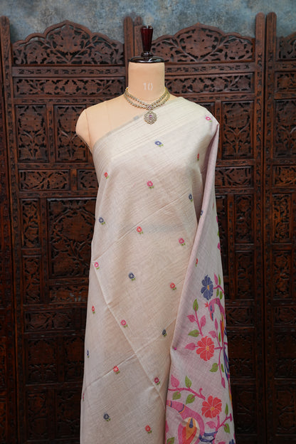 Pure Khaddi Cotton Saree with Peacock & Floral Design – Ivory & Pink