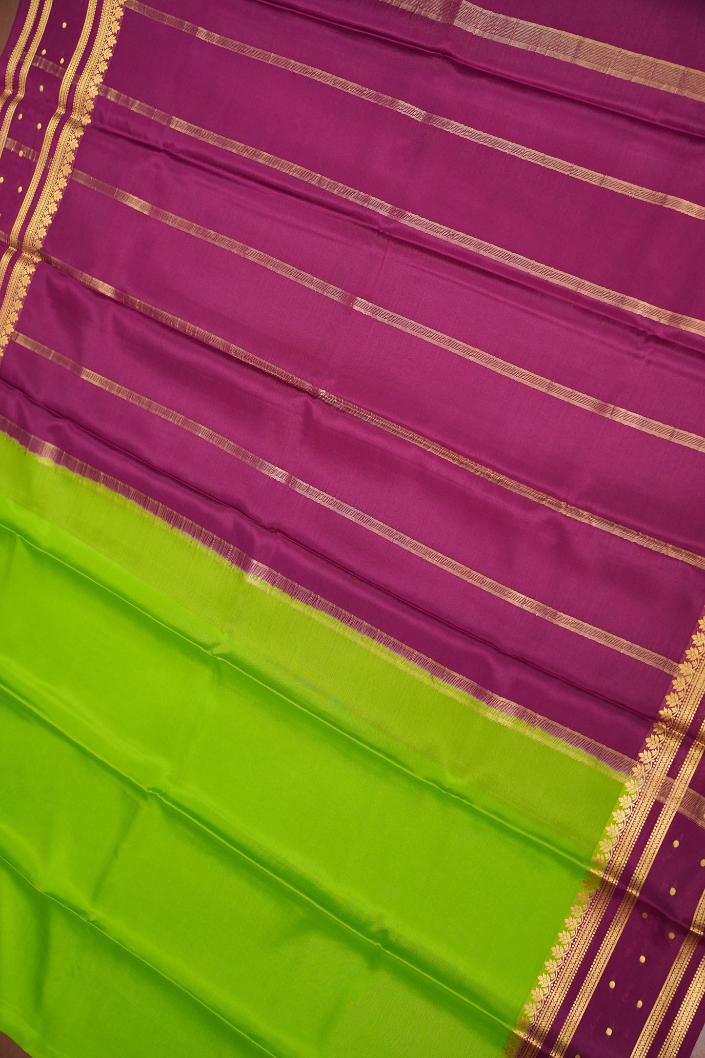 Pure Crepe Mysore Silk Saree - Bright Parrot Green & Wine Border