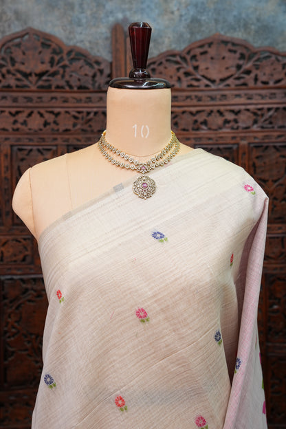 Pure Khaddi Cotton Saree with Peacock & Floral Design – Ivory & Pink
