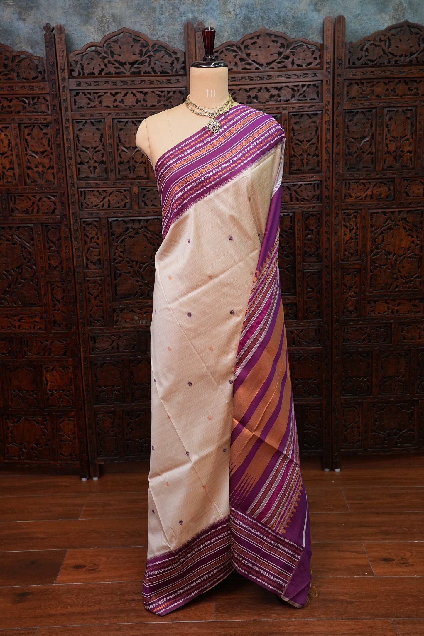 Pure Khaddi Cotton Saree with Traditional Woven Border – Ivory & Purple