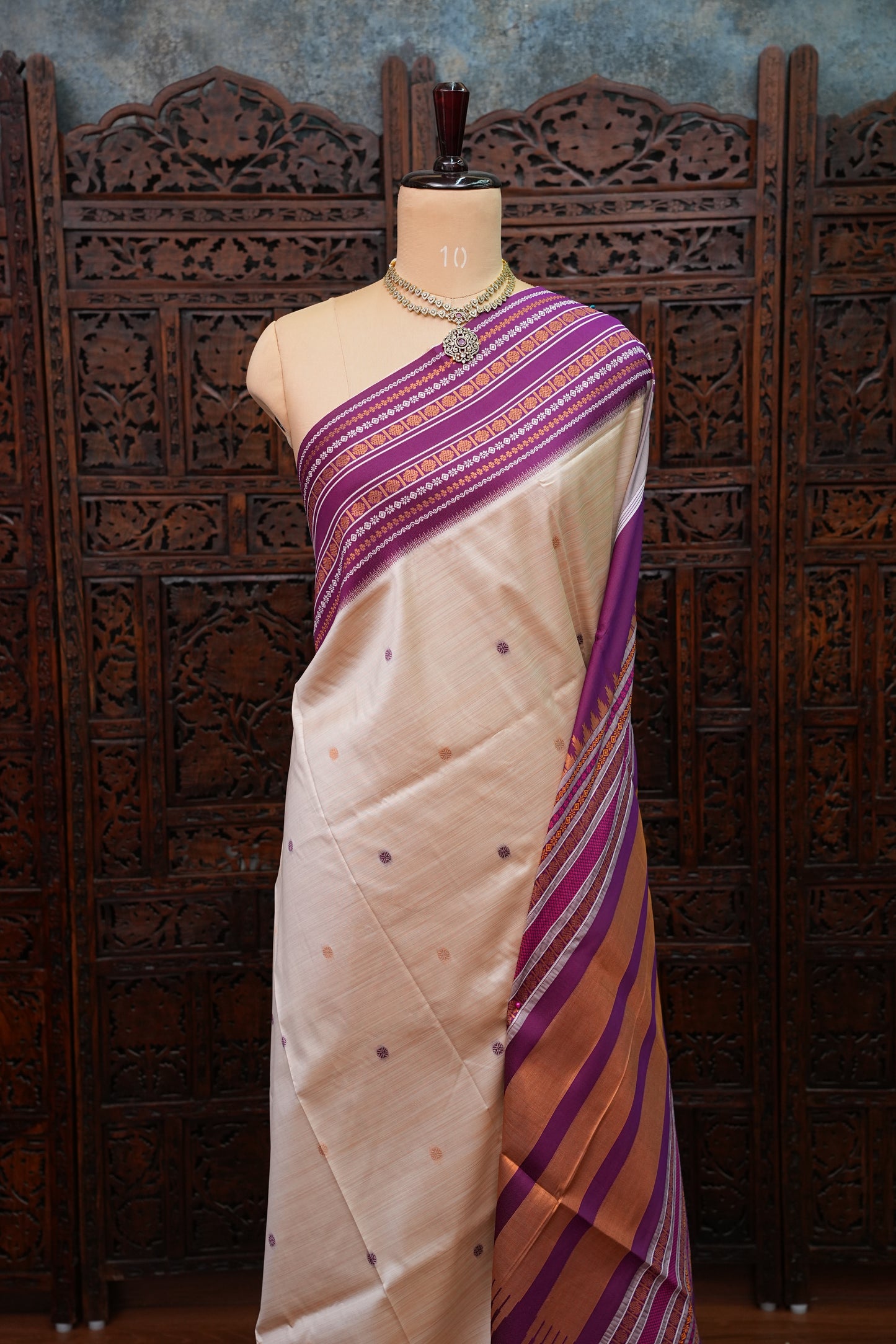 Pure Khaddi Cotton Saree with Traditional Woven Border – Ivory & Purple