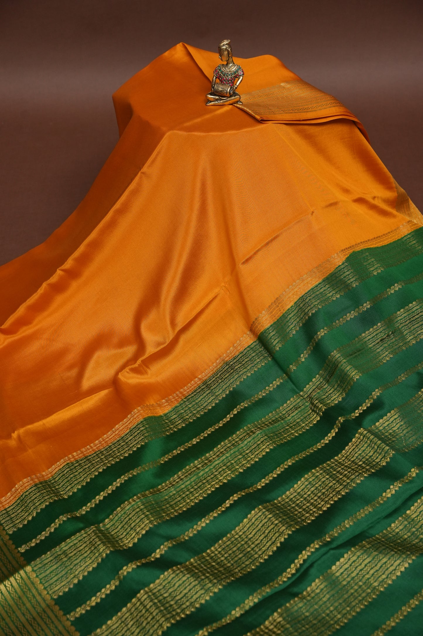 Plain Pure Crepe Mysore Silk Saree in Mustard Yellow With Contrast Bottle Green Blouse & Pallu
