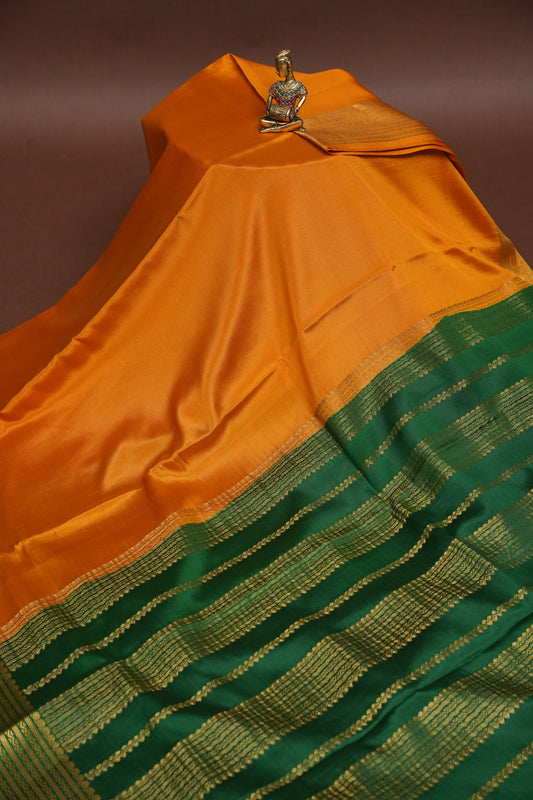 Plain Pure Crepe Mysore Silk Saree in Mustard Yellow With Contrast Bottle Green Blouse & Pallu