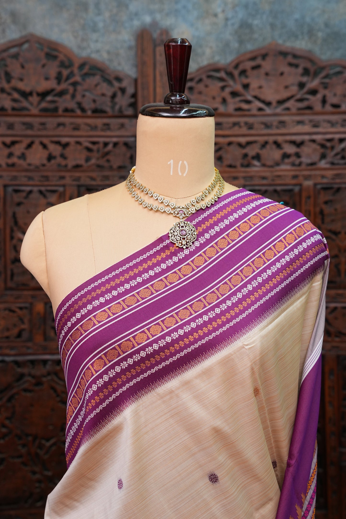 Pure Khaddi Cotton Saree with Traditional Woven Border – Ivory & Purple