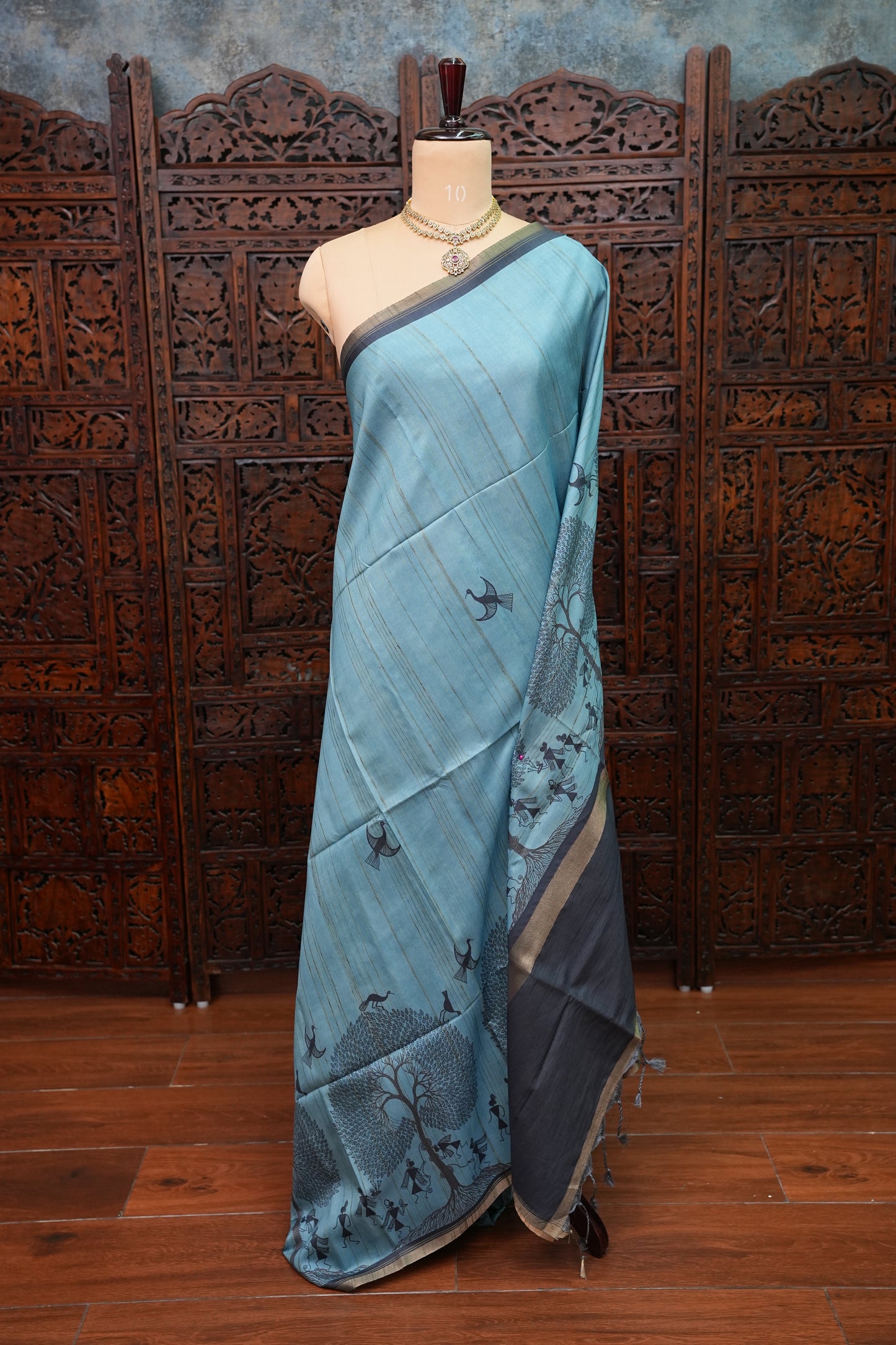Pure Khaddi Cotton Saree with Warli Art Design – Aqua Blue & Charcoal Grey