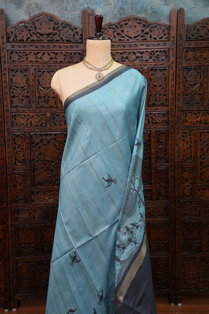 Pure Khaddi Cotton Saree with Warli Art Design – Aqua Blue & Charcoal Grey