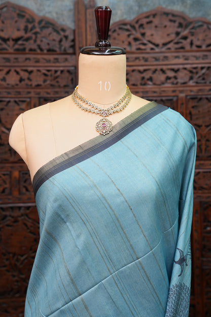 Pure Khaddi Cotton Saree with Warli Art Design – Aqua Blue & Charcoal Grey