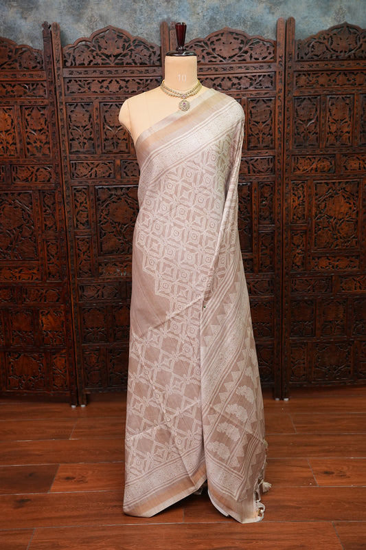 Pure Khaddi Cotton Saree with Traditional Woven Design – Beige