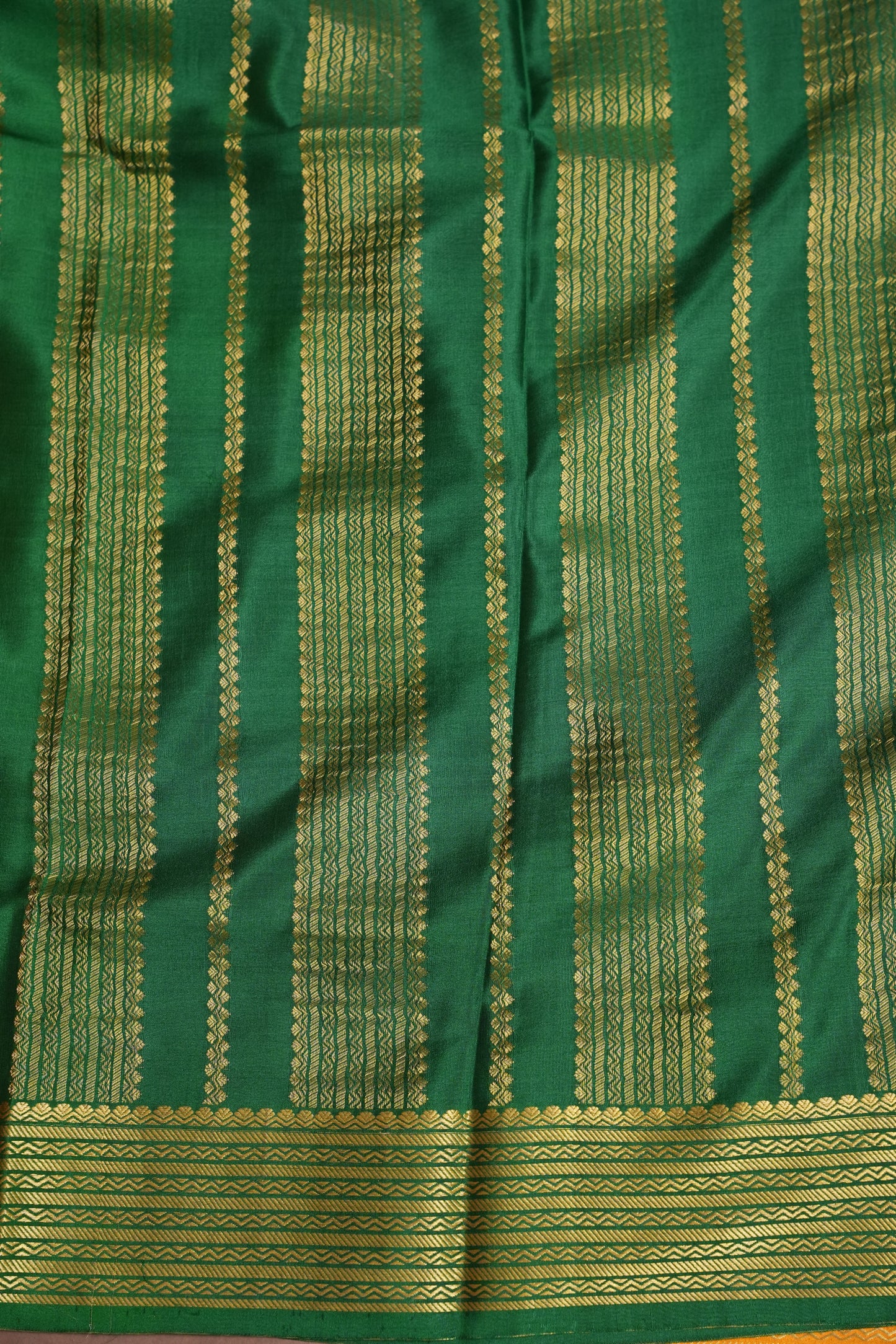 Plain Pure Crepe Mysore Silk Saree in Mustard Yellow With Contrast Bottle Green Blouse & Pallu