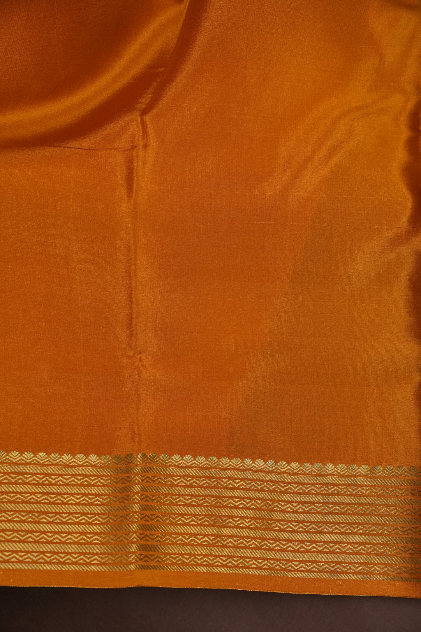 Plain Pure Crepe Mysore Silk Saree in Mustard Yellow With Contrast Bottle Green Blouse & Pallu
