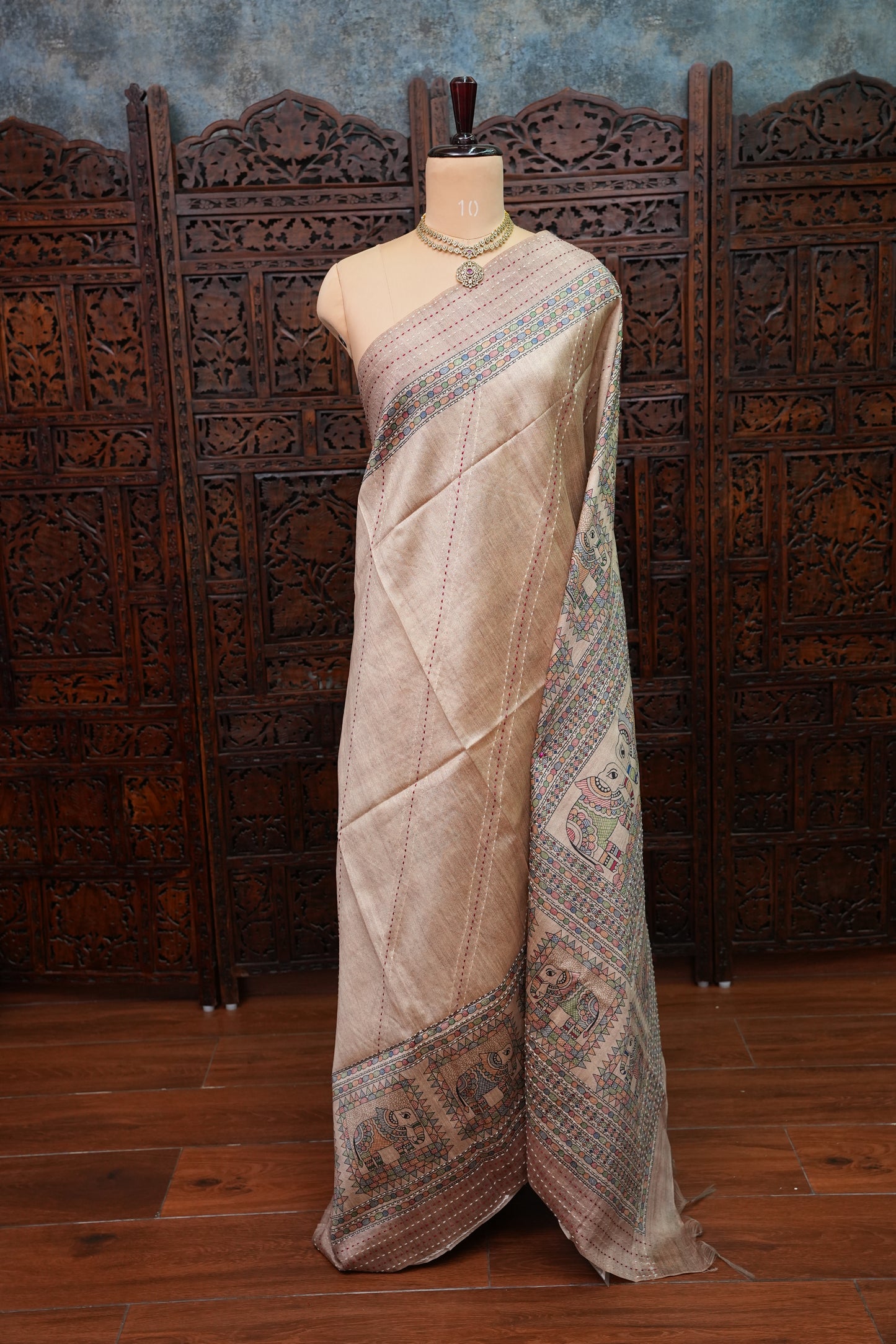 Semi Tussar Raw Silk Saree with Madhubani Print & Kantha Stitch – Beige