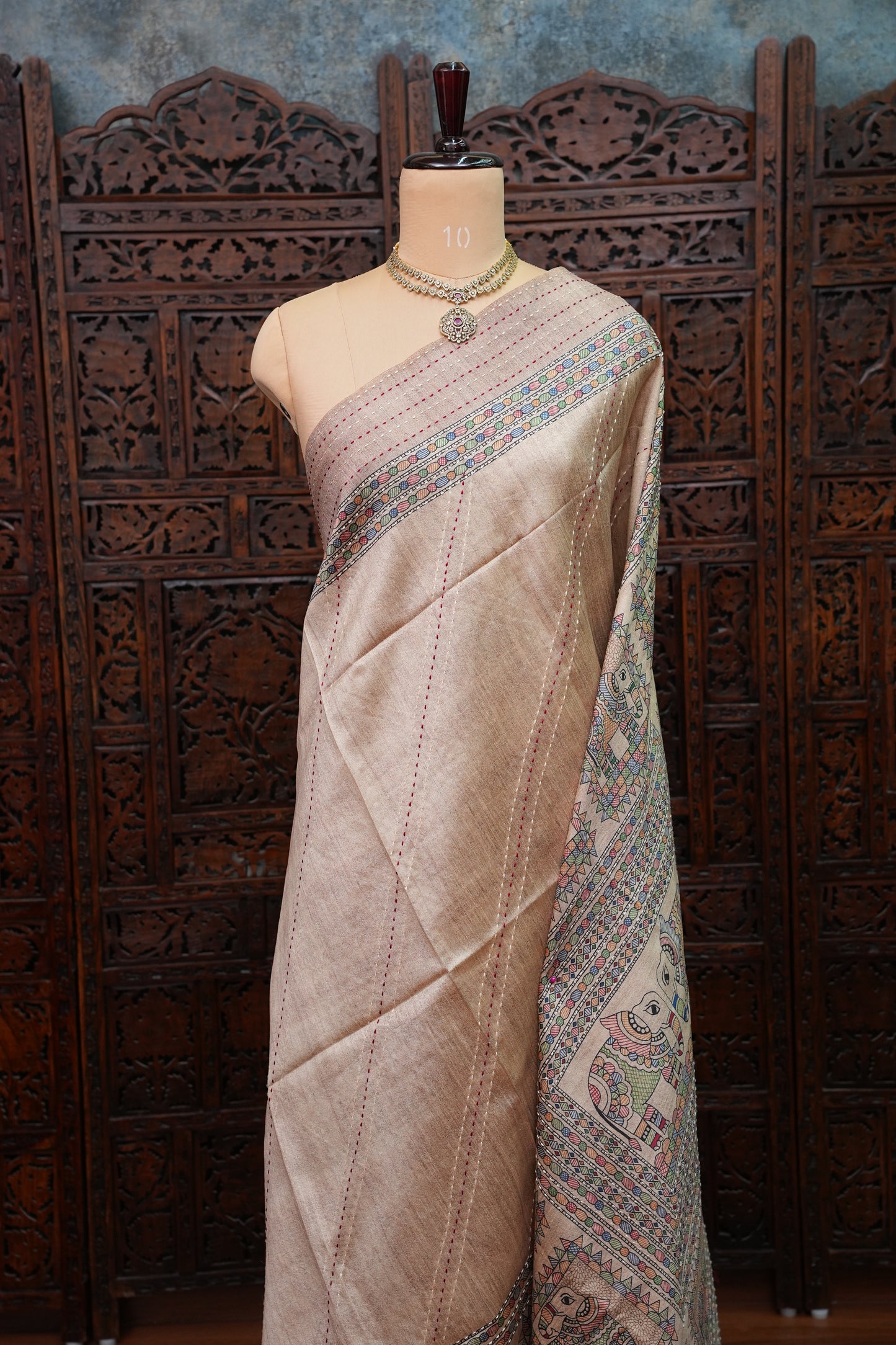 Semi Tussar Raw Silk Saree with Madhubani Print & Kantha Stitch – Beige