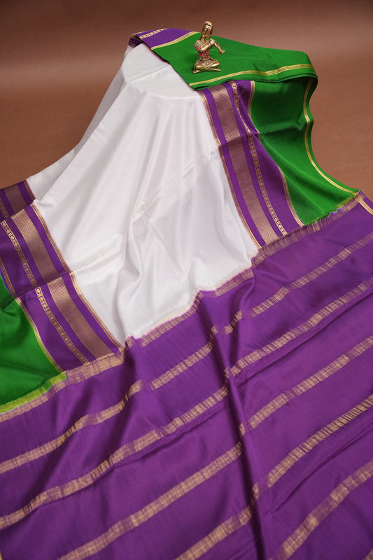 Pure Crepe Mysore Silk Saree - White With Green & Purple TriColor Combination