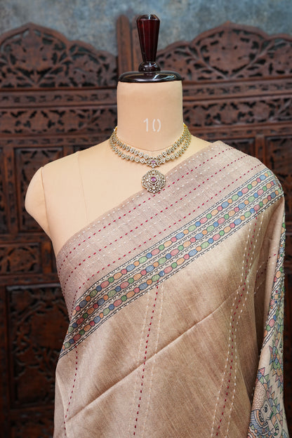 Semi Tussar Raw Silk Saree with Madhubani Print & Kantha Stitch – Beige
