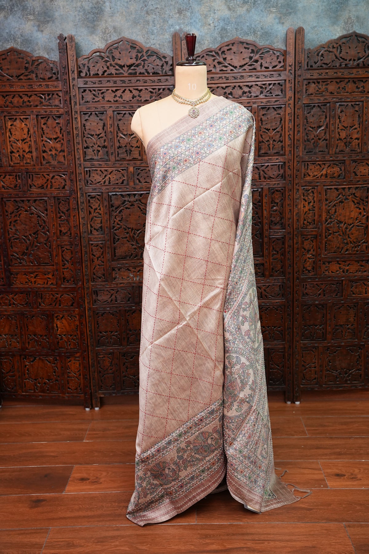 Semi Tussar Raw Silk Saree with Madhubani Print & Kantha Stitch – Antique Beige