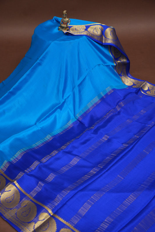 Plain Pure Crepe Mysore Silk Saree in Blue With Contrast Ink Blue Blouse & Pallu
