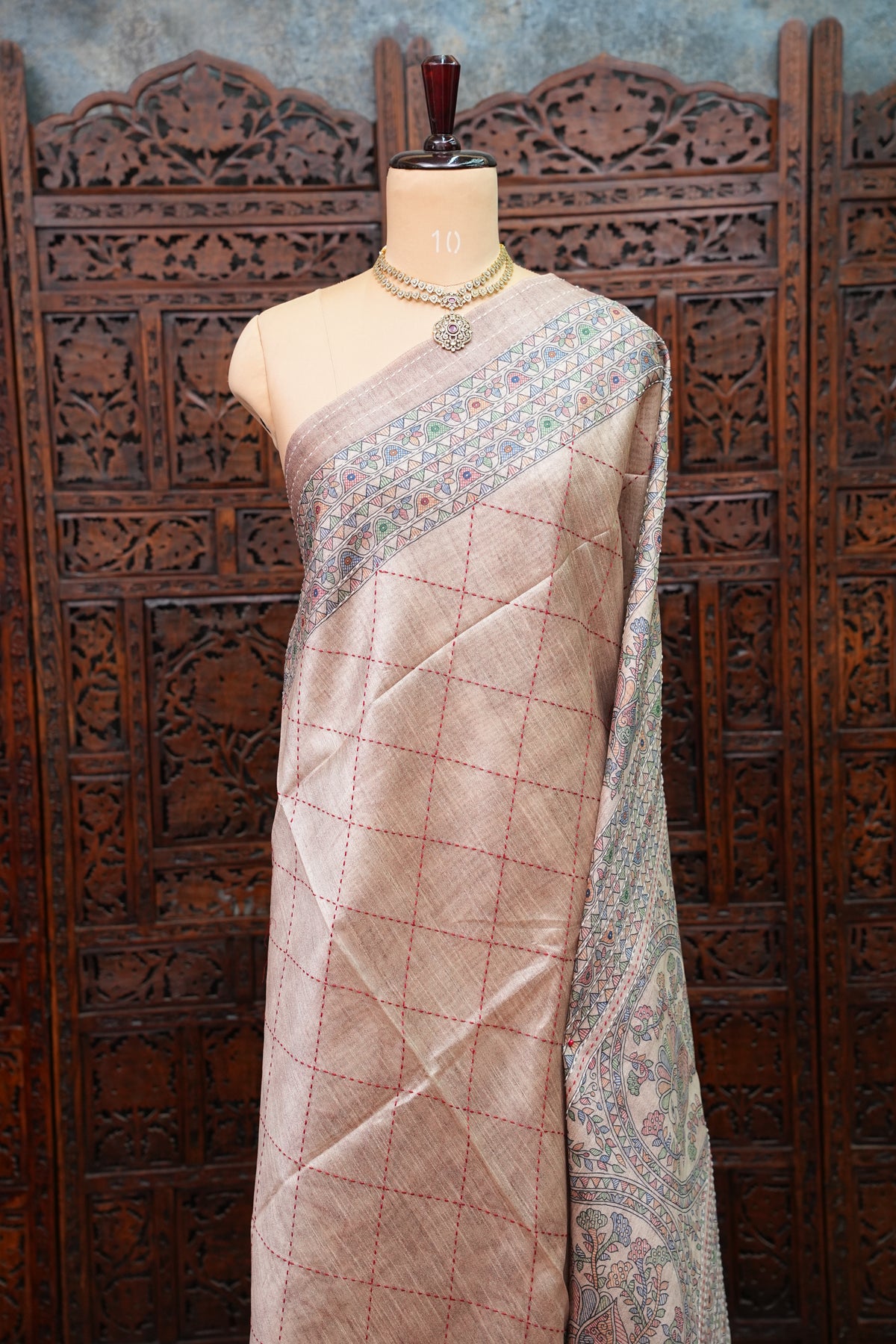 Semi Tussar Raw Silk Saree with Madhubani Print & Kantha Stitch – Antique Beige