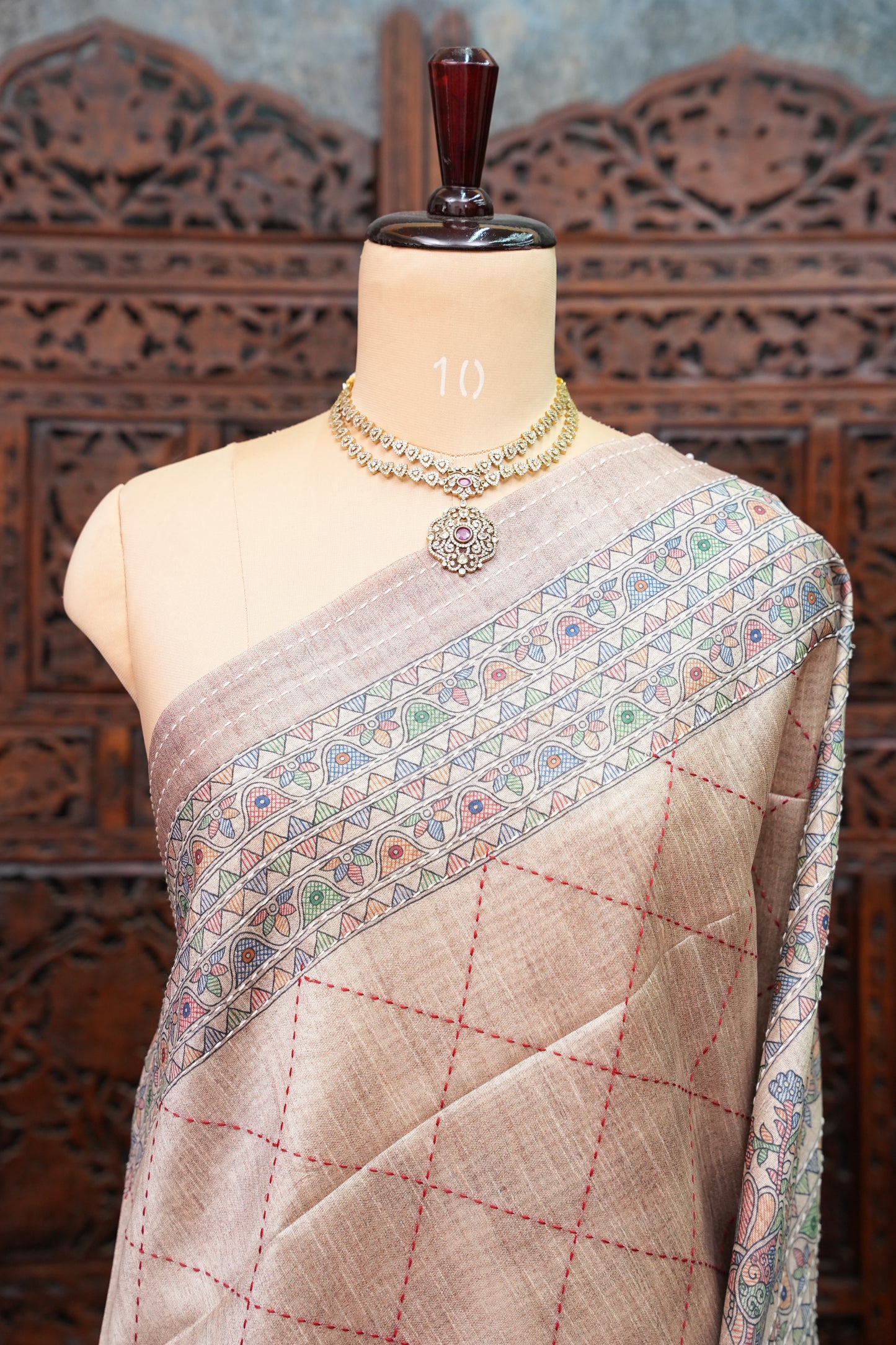 Semi Tussar Raw Silk Saree with Madhubani Print & Kantha Stitch – Antique Beige