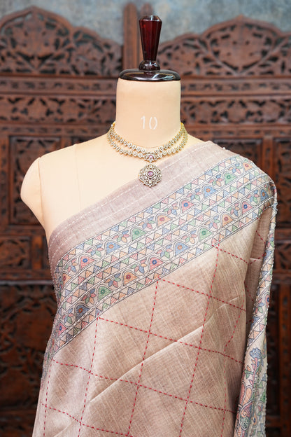 Semi Tussar Raw Silk Saree with Madhubani Print & Kantha Stitch – Antique Beige