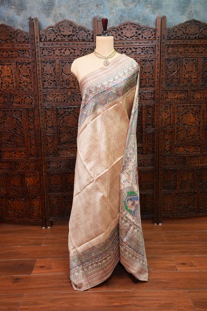 Semi Tussar Raw Silk Saree with Madhubani Print & Kantha Stitch – Antique Beige