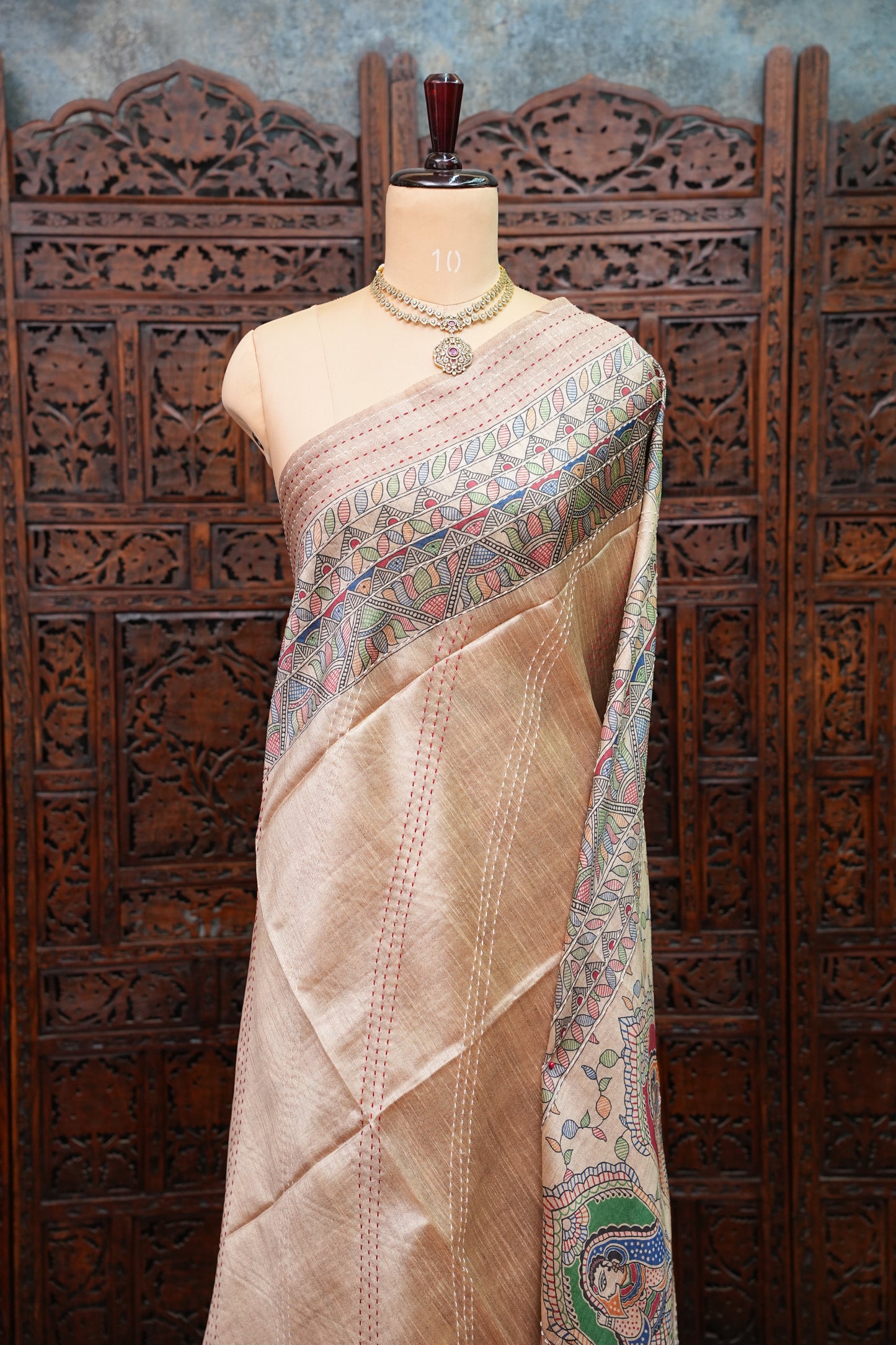 Semi Tussar Raw Silk Saree with Madhubani Print & Kantha Stitch – Antique Beige