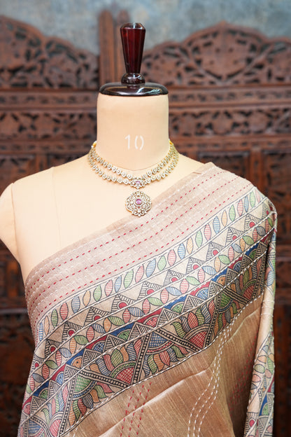 Semi Tussar Raw Silk Saree with Madhubani Print & Kantha Stitch – Antique Beige