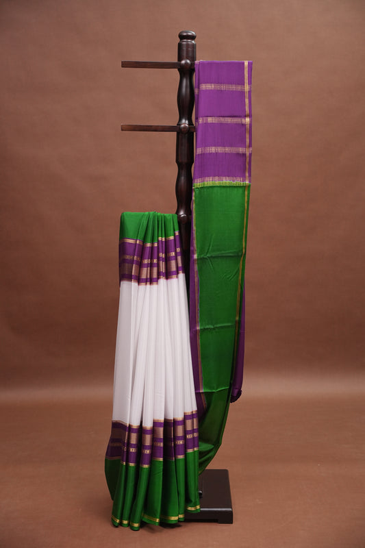 Pure Crepe Mysore Silk Saree - White With Green & Purple TriColor Combination