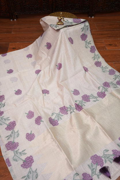 Pure Khaddi Cotton Saree with Floral Woven Pallu – Ivory & Purple