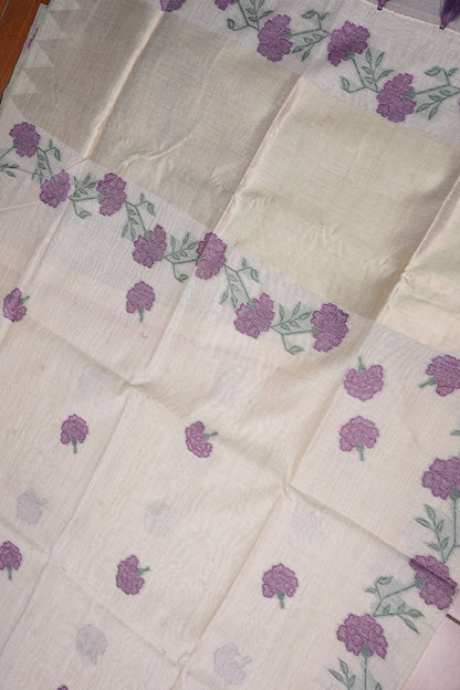 Pure Khaddi Cotton Saree with Floral Woven Pallu – Ivory & Purple