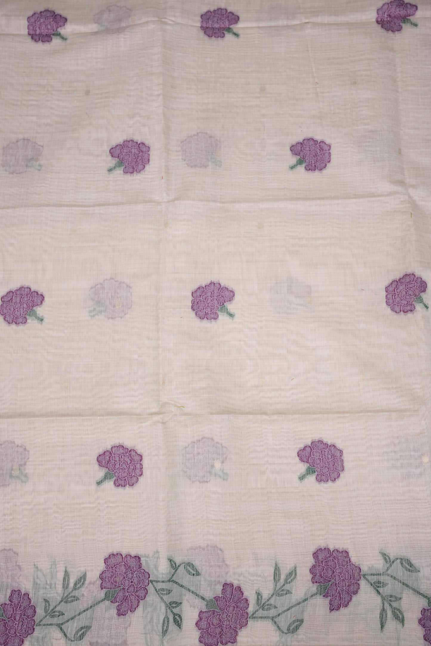 Pure Khaddi Cotton Saree with Floral Woven Pallu – Ivory & Purple