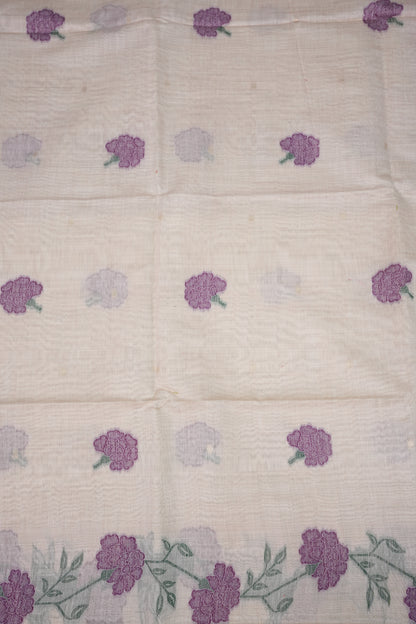Pure Khaddi Cotton Saree with Floral Woven Pallu – Ivory & Purple