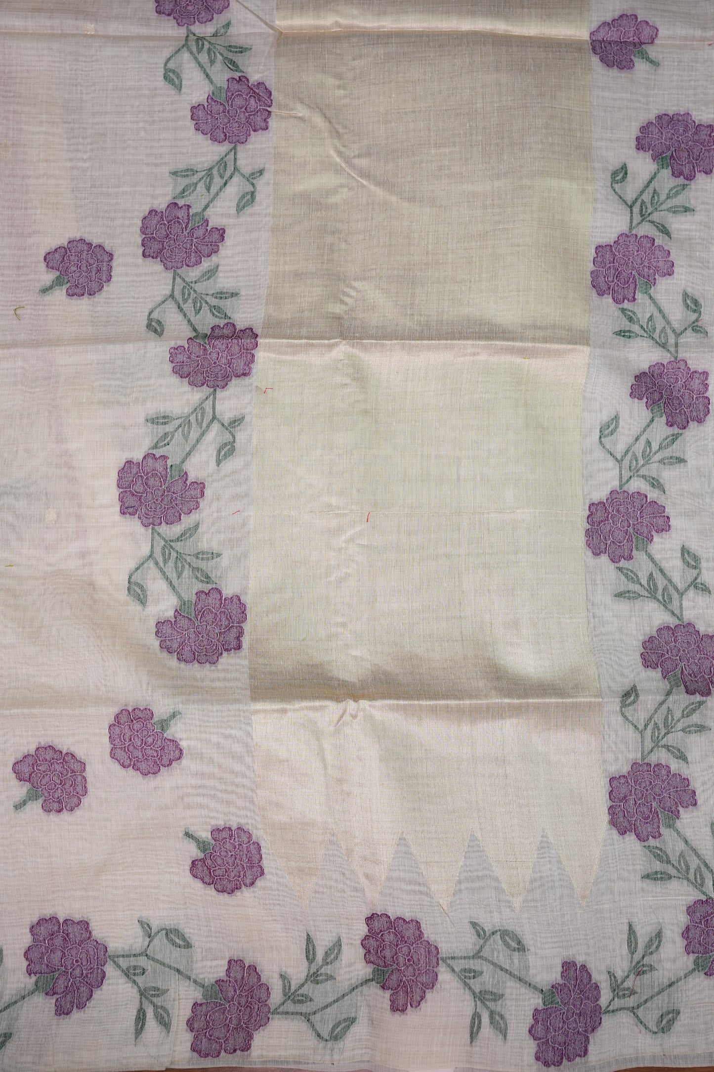 Pure Khaddi Cotton Saree with Floral Woven Pallu – Ivory & Purple