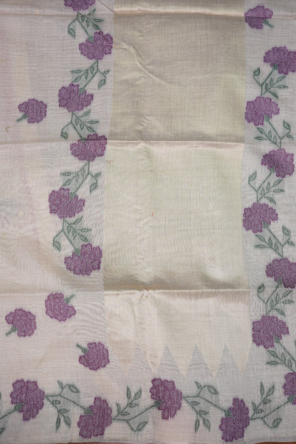 Pure Khaddi Cotton Saree with Floral Woven Pallu – Ivory & Purple