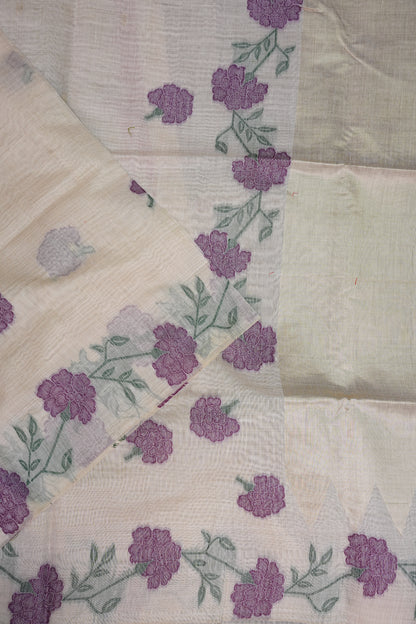 Pure Khaddi Cotton Saree with Floral Woven Pallu – Ivory & Purple