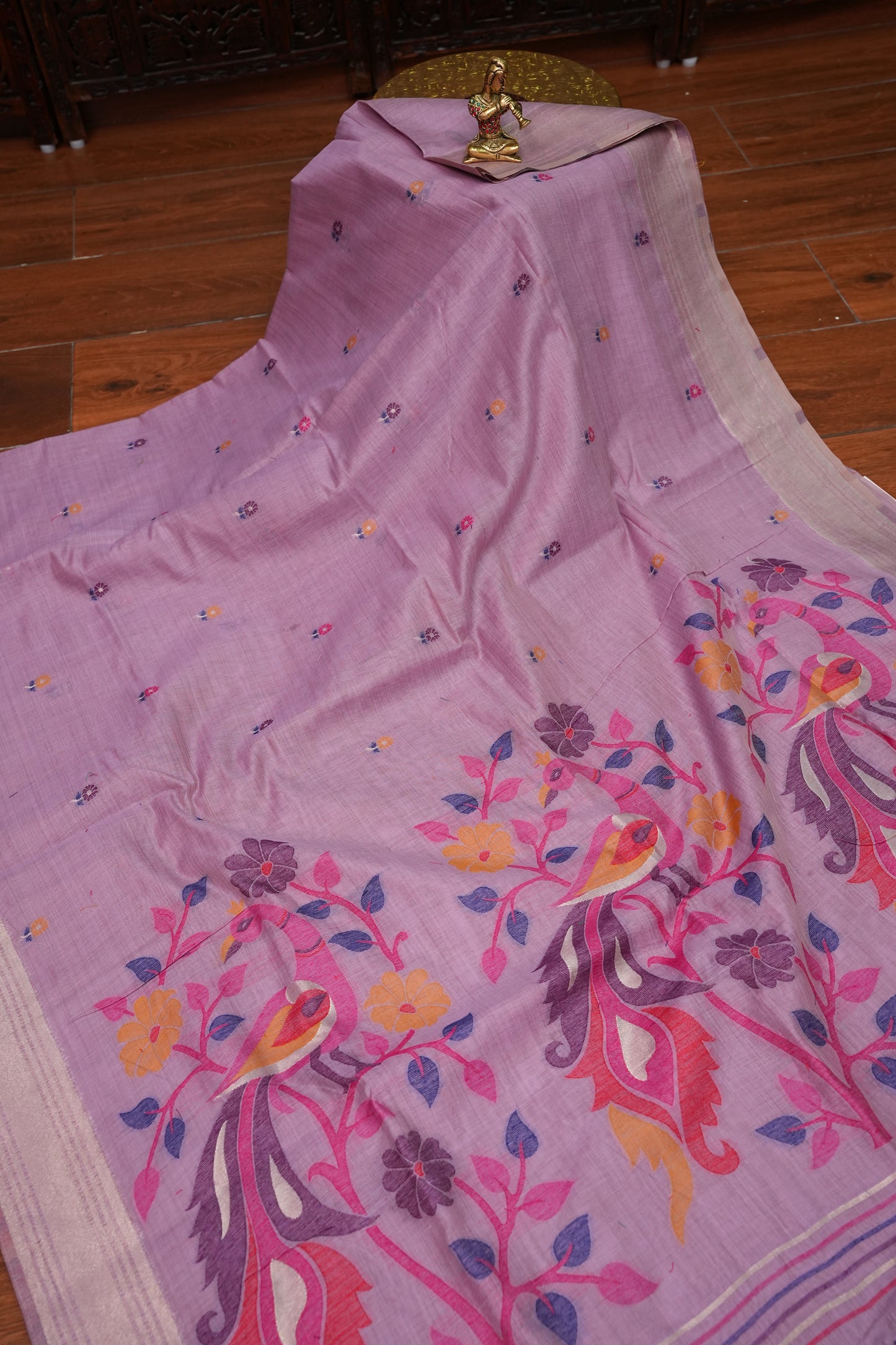 Pure Khaddi Cotton Saree with Peacock & Floral Woven Pallu – Lavender
