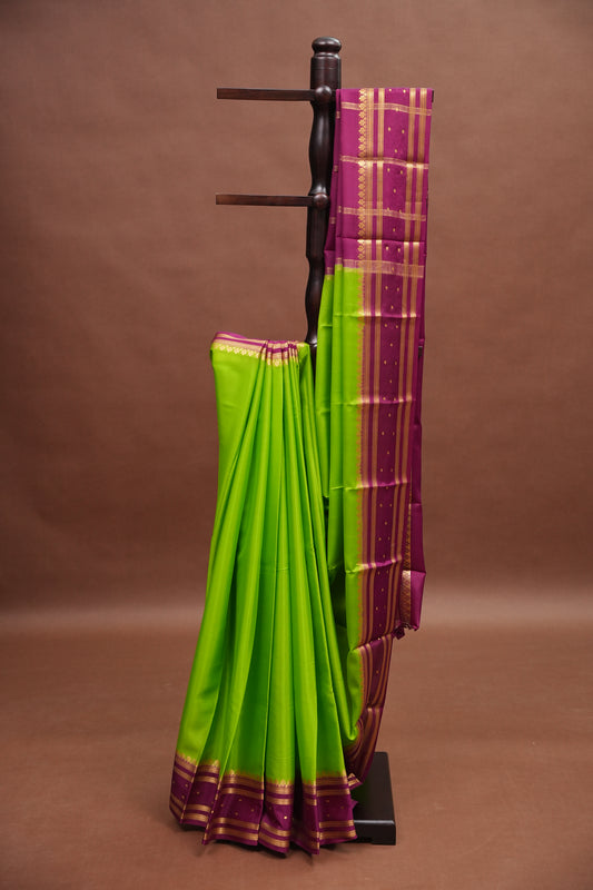 Pure Crepe Mysore Silk Saree - Bright Parrot Green & Wine Border
