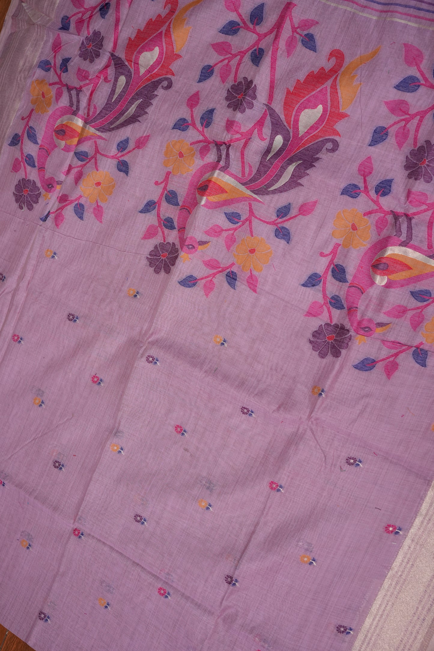 Pure Khaddi Cotton Saree with Peacock & Floral Woven Pallu – Lavender