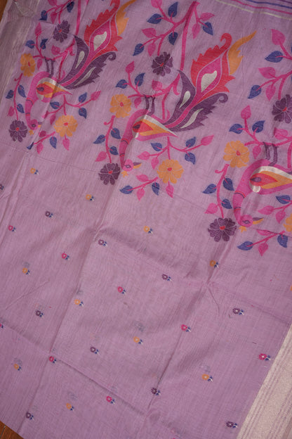 Pure Khaddi Cotton Saree with Peacock & Floral Woven Pallu – Lavender