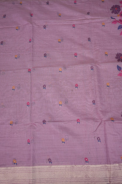 Pure Khaddi Cotton Saree with Peacock & Floral Woven Pallu – Lavender