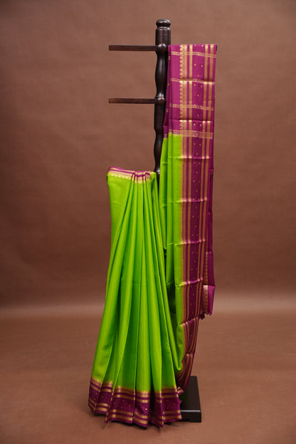 Pure Crepe Mysore Silk Saree - Bright Parrot Green & Wine Border