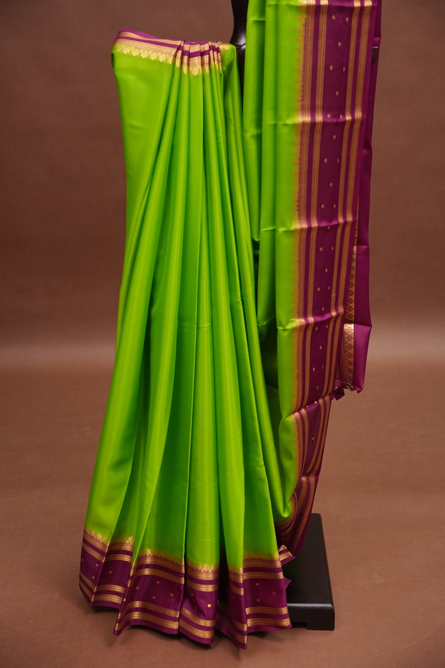 Pure Crepe Mysore Silk Saree - Bright Parrot Green & Wine Border