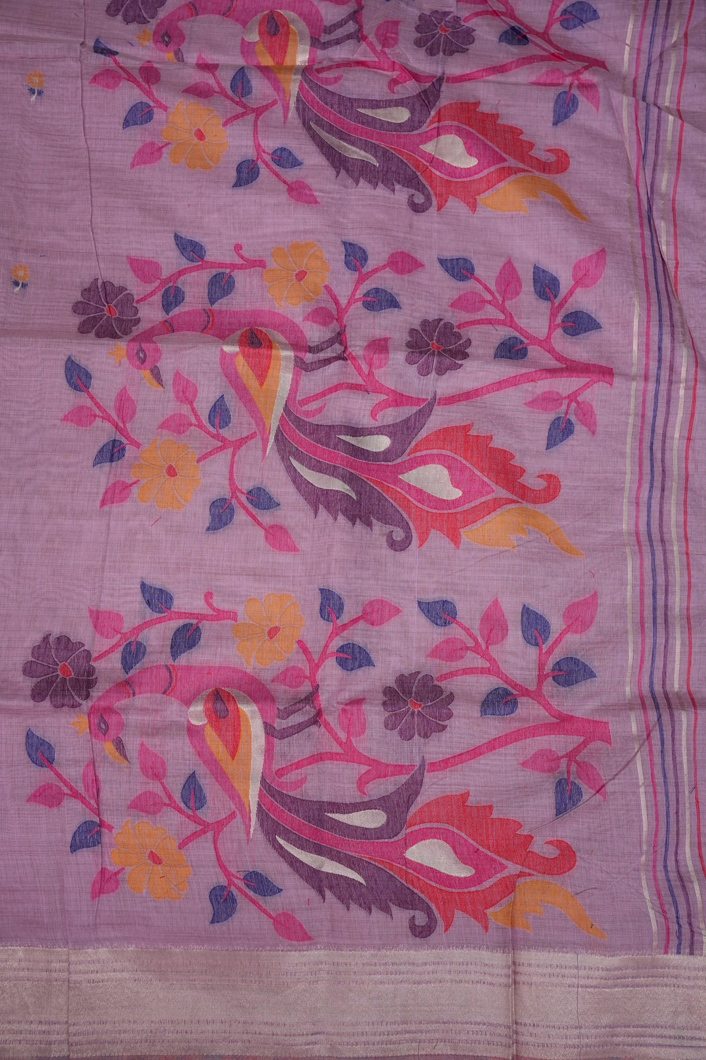 Pure Khaddi Cotton Saree with Peacock & Floral Woven Pallu – Lavender