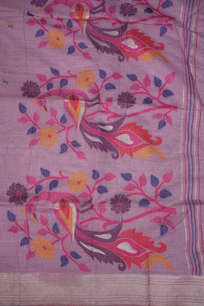 Pure Khaddi Cotton Saree with Peacock & Floral Woven Pallu – Lavender