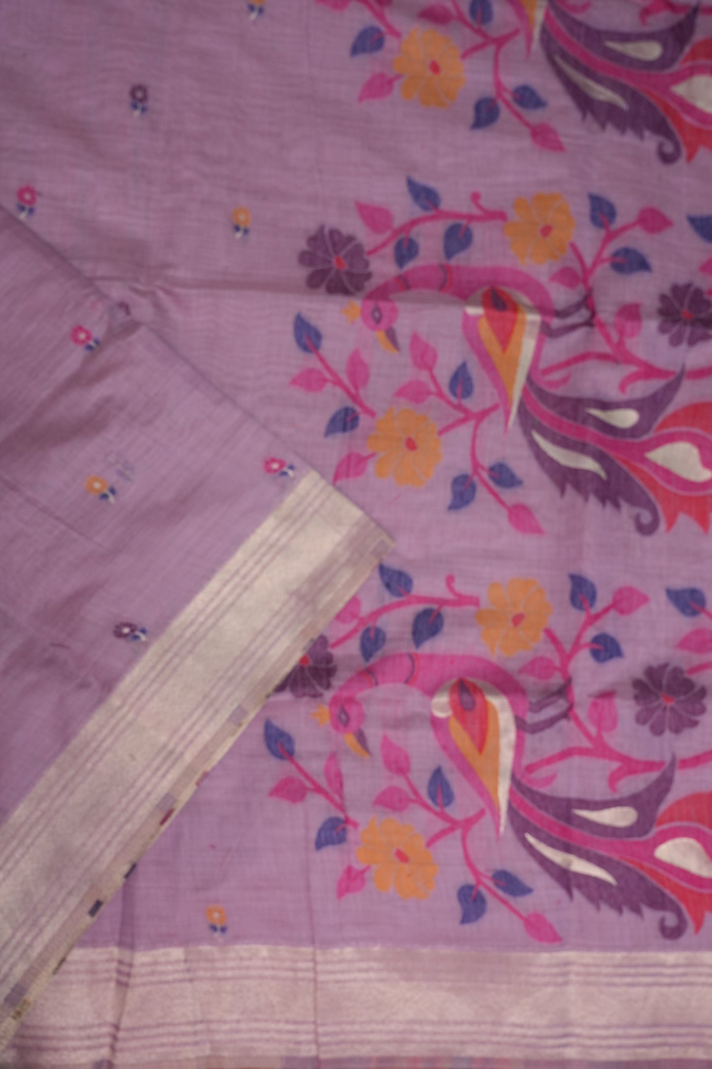 Pure Khaddi Cotton Saree with Peacock & Floral Woven Pallu – Lavender