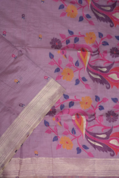 Pure Khaddi Cotton Saree with Peacock & Floral Woven Pallu – Lavender