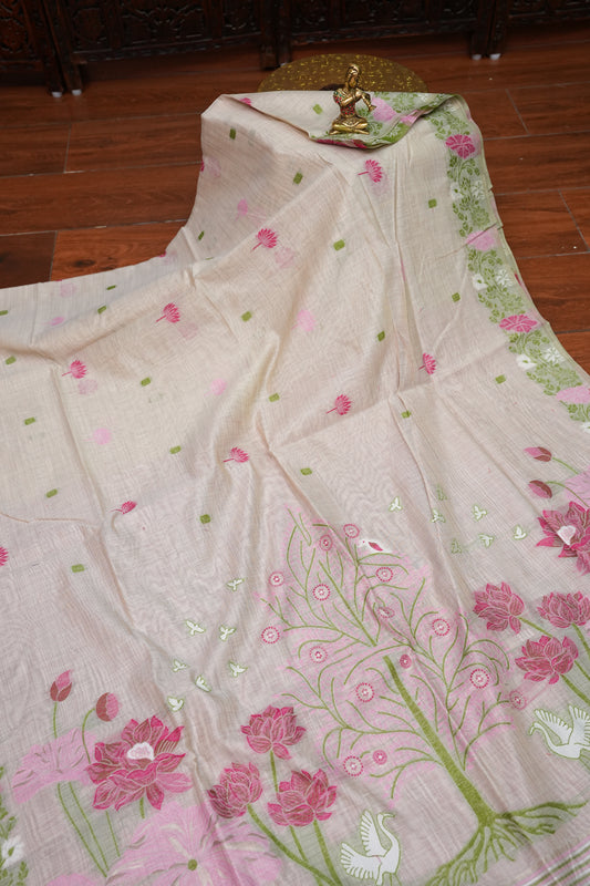 Pure Khaddi Cotton Saree with Floral & Peacock Woven Pallu – Ivory & Pink